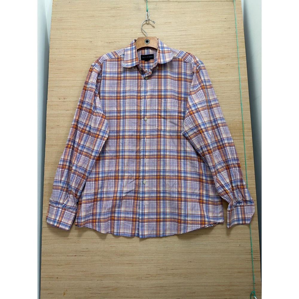 Scott Barber Mens Medium‎ Orange Purple Plaid Cotton Long Sleeve Button Down